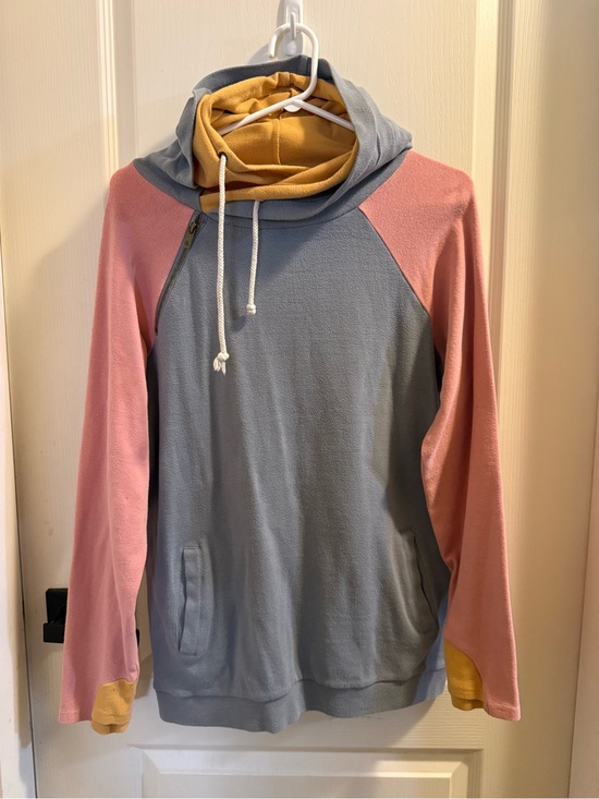 AMPERSAND AVE Tops - AMPERSAND AVE Gray, Pink & Yellow “DoubleHood” Sweatshirt